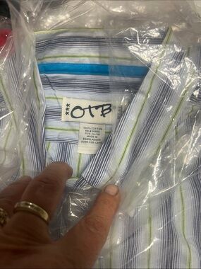 OTB Men’s Blue, White & Green Striped Button-Down Shirt